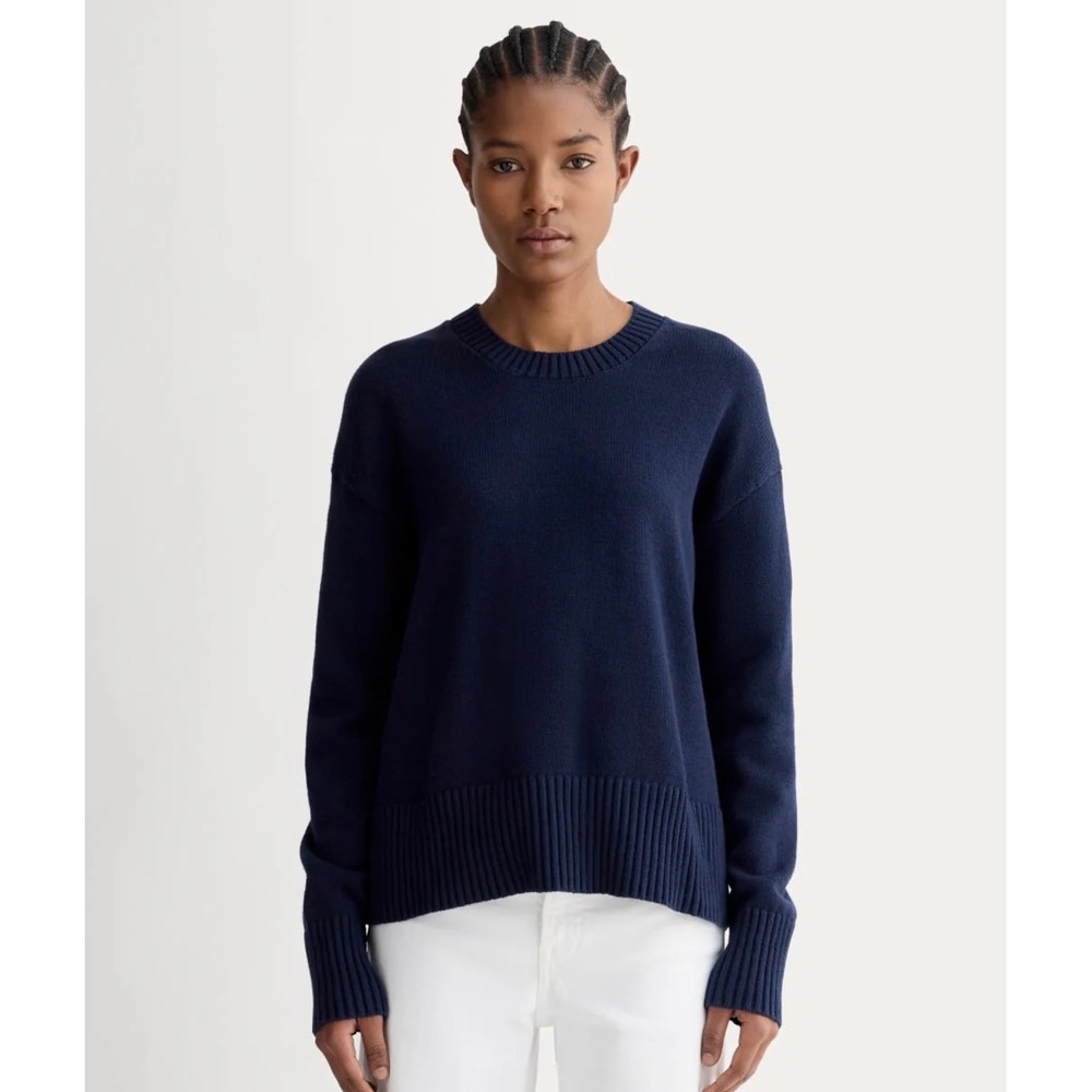 Everlane Navy Blue Boxy Oversized Crewneck Sweater Ribbed Sustainable Cotton